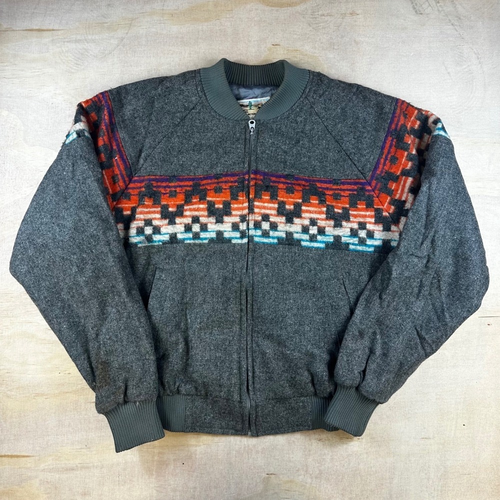 Saddlesmith Outfitters Wool Bomber Jacket Southwestern Aztec Gray Mens Large
